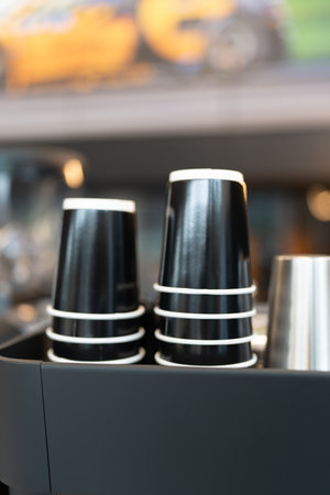 Black paper coffee cup for hot drink stacking in rows above coffee machineの写真素材