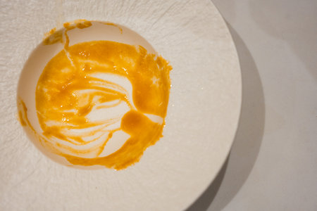 Empty plate with stains of orange sauce after finishing. Dirty plate, empty restaurant bowl afterの写真素材