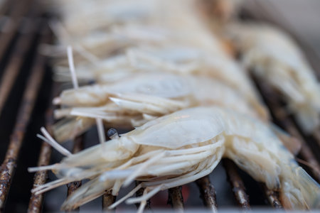 Fresh raw giant river shrimp on a barbecue grill. Close upの写真素材