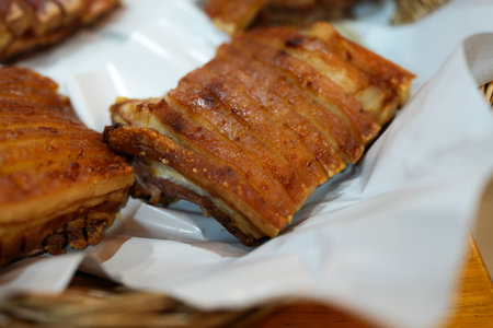 Close up view of crispy pork belly or deep fried pork. The golden, crunchy exterior gives way to tender succulence, creating a mouthwatering experience that culinary.の写真素材