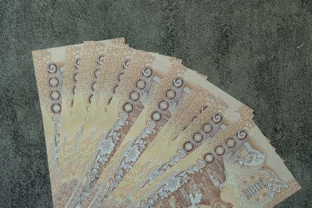 Thai banknote 1000 baht. Abstract presentation of national currency. 1000 Thai Baht Thailand paper bank noteの写真素材