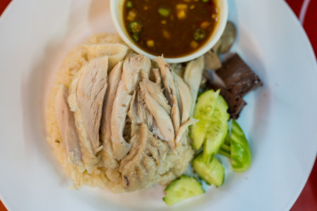 Close up view of delicious asian food, steamed rice topped with chickenの写真素材