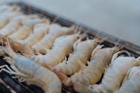 Raw prawn barbecue roasting on charcoal stove. Close up
