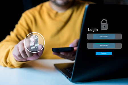 Man hand use fingerprints touch to login and password, cyber security concept, data protection and secured internet access. Cyber security data protection information privacy internet technology.の写真素材