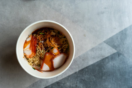 Egg noodle with red roasted pork, Asian food styleの写真素材