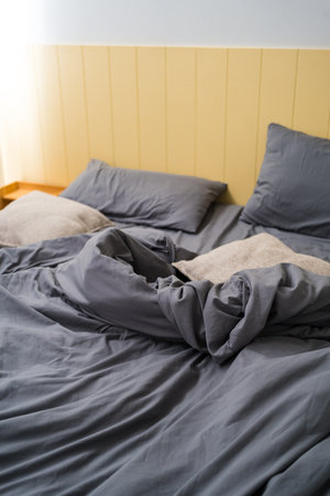Blue bed sheetの写真素材