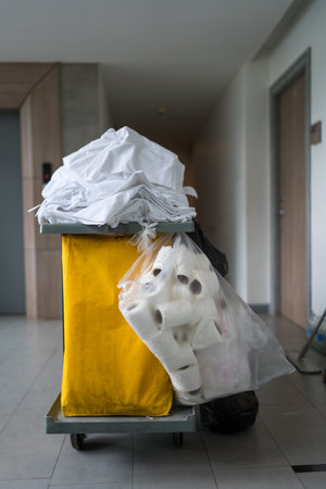 The room maids trolley at a hotel. Hotel room cleaning cart. Hotel business.の写真素材