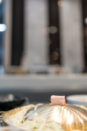Piece of pork fat on the top of brass pan. Selective focusの写真素材