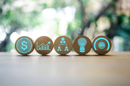 Data management system icon on wooden block. Business strategy icon. finance, operations.