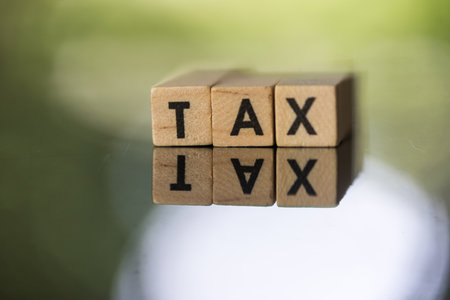 Tax text written on wooden block. Taxes and taxation. The tax burdenの写真素材