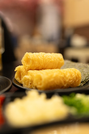 Fried soybean rolls for hotpot. Selective focus