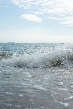 Vertical view sea at Bangsaen landscape. Nature tropical sea Beautiful ocean water Bangsaen beach east Thailand Chonburi exotic horizon.の写真素材
