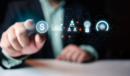Man point a iccon of business strategy. Attributes startup and strategy company management. Achieving business goals. Data management system iconの写真素材