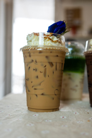 Cold iced mocha coffee with whipped cream. Summer drinkの写真素材
