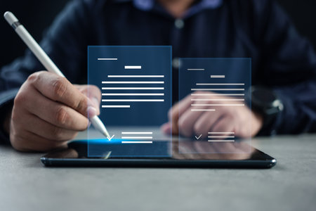 Electronic signature concept, business people sign electronic documents on digital documents, paperless office, future business contract signing.の写真素材
