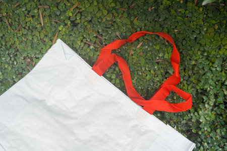 Close up of red handle bag on green leaf, top viewの写真素材