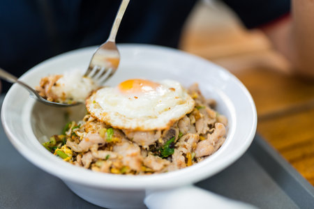 Man eating Steamed pork on rice and fried egg. Close upの写真素材