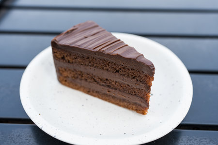 A decadent chocolate cake slice with rich layers and smooth frosting, Its moist texture and...