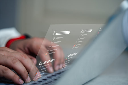 Online exam concept, choose correct answer in test. checklist and online testing on laptop. Online exam test with laptop. online questionnaire results on desktop. quiz.の写真素材