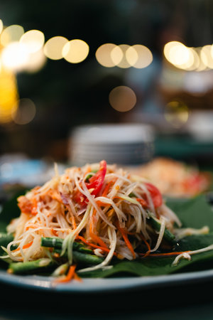 Thai cuisine, Som Tam Malakor, famous Thai food. somtam is green papaya, sweet, salty, tangy, and spicy flavor.の写真素材