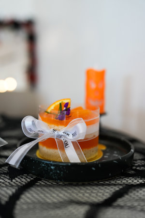 Small sweet citrus jam cake. Close up.の写真素材