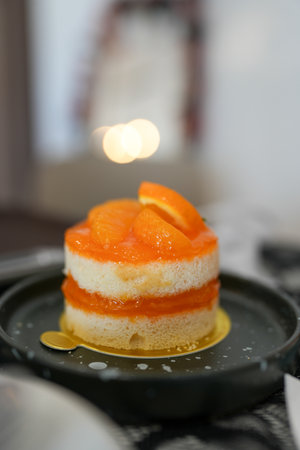 A mouthwatering orange cake. Delicious dessert concept