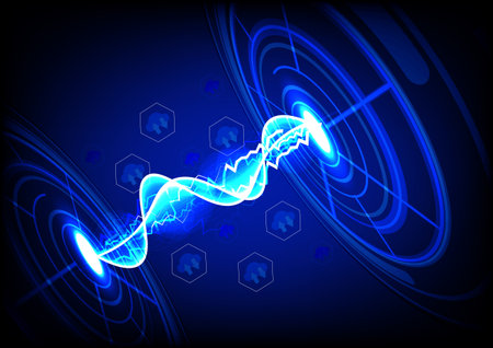 Abstract background technology of connection to transmit data with cloud computing icons between a wave of information and electric current that exchanges back and forth.のイラスト素材