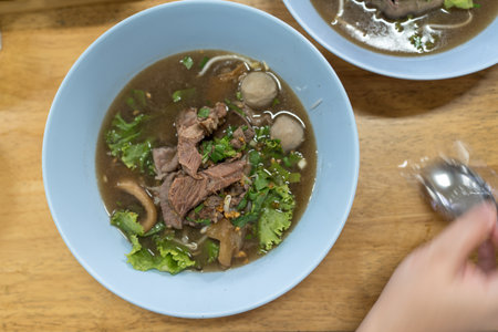 Braised beef with meat tendon ball soup stew. Top view