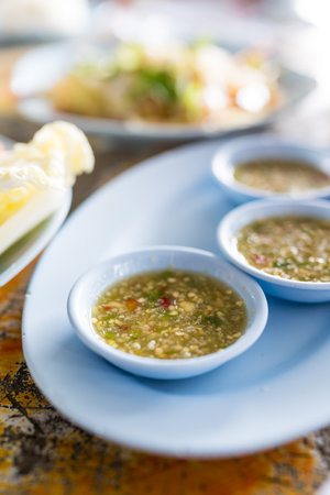Thai seafood dipping sauce in bowlの写真素材
