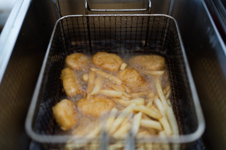 Front view of a fryer basket with french fries and nuggets full of boiling oil