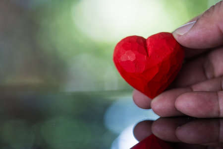 The man is holding a red heart. mpty space for text or an ad. A concept for World Blood Donor Dayの写真素材