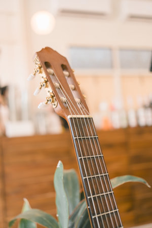 An acoustic guitar headstock. Close upの写真素材