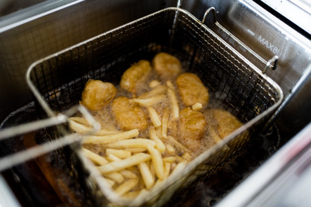Close up in a professional kitchen frying frying french fries and nuggets in a deep fryer