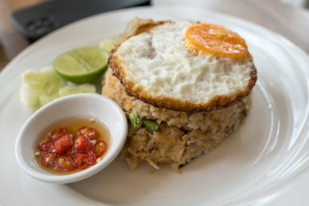 Thai dish of Khao pad moo fried rice served with chilli with fish sauce and topped with a crispy fried eggの写真素材