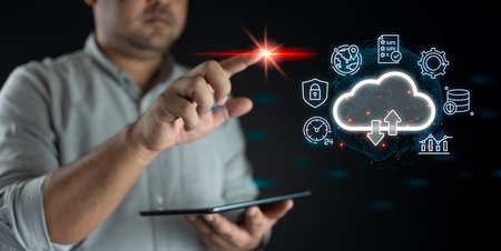 Businessman touch a virtual cloud computing to transfer data information and upload download...