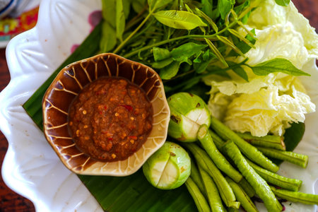 A bowl of shrimp paste chili dip with raw and fresh vegetables arranged aroundの写真素材