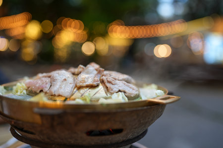 Moo Ka Ta griiled pork Thai style, a popular food among Thai people on holidaysの写真素材