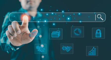 Businessman touch AI, SEO icon on websites to rank search engines or SEO. Search with Ai assistant, search on screen. Artificial Intelligence data technologyの写真素材
