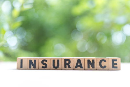 Insurance text word written on wooden blocks on nature background. Insurance conceptの写真素材