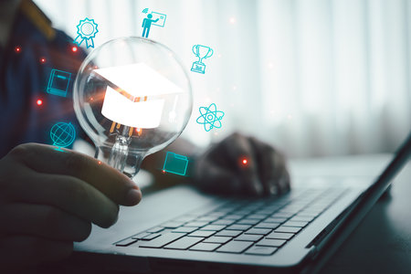 E-learning graduate certificate program concept. Man holding lightbulb showing graduation hat,...