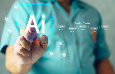 Engineer and user for ease of engage artificial intelligence technology help people to work. Business, modern technology, internet and networking concept.の写真素材