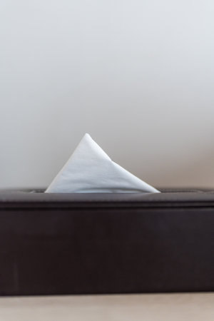 Tissue box with white tissues, cafe settingの写真素材