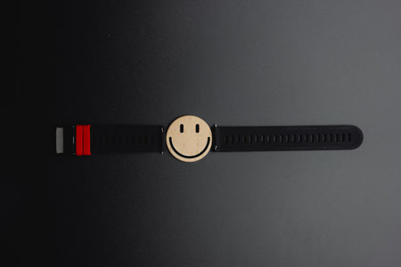 A label with happy smile relax face. World mental health day. Calm mood, good mental health, good mood.の写真素材