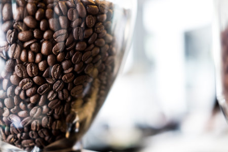Fresh coffee beans in an electric commercial coffee grinder, grinder bowlの写真素材