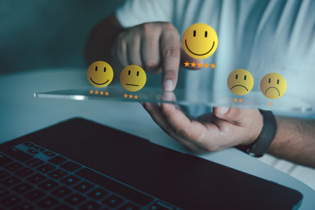 Review satisfaction feedback survey. Customer pressing smile face and five star for customer review. Customer satisfaction survey, service experience rating. Best excellent services ratingの写真素材