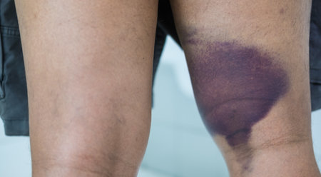 Injury of the hamstrings on man. Big bruiseの写真素材
