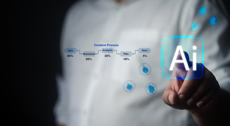 Hand touching a futuristic digital interface artificial intelligence app interface, digital technology, automation, innovation, and futuristic software solution.の写真素材
