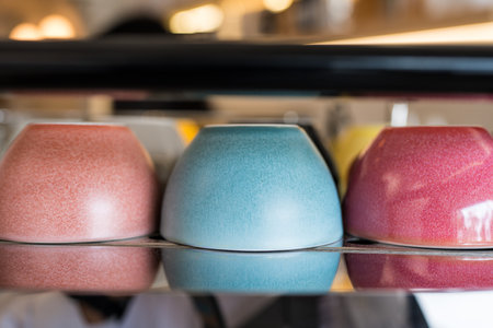 Ceramic cups on a counter in a modern coffee shop. Close upの写真素材