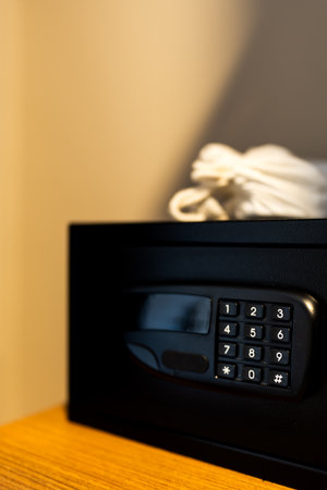 Closed small safe in hotel room, safety box with electronic lockの写真素材