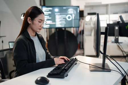 Young adult Asian female software developer coding program on desktop computer, smart digitalの写真素材